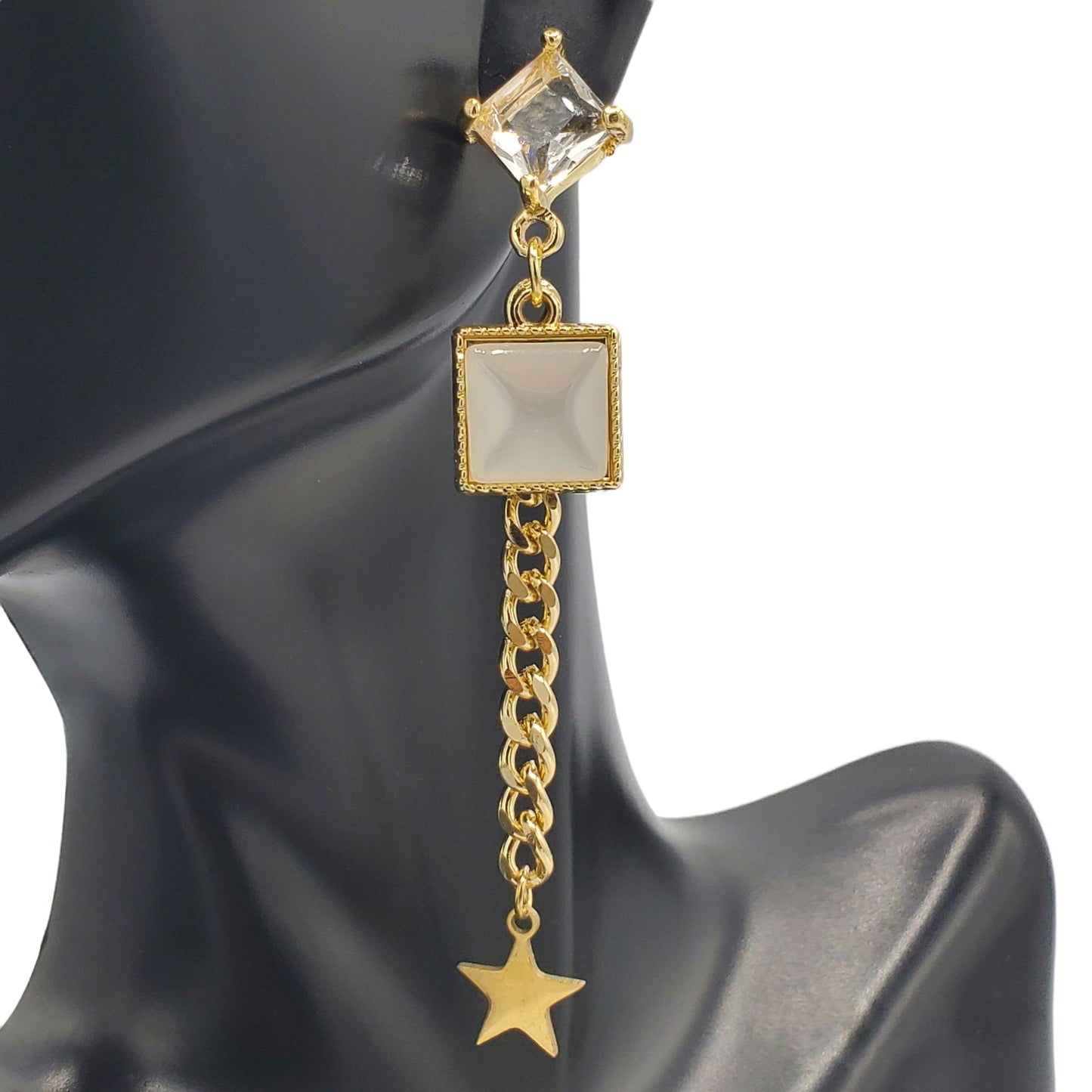 STS-30 Stainless Steel Earrings/Aretes Luna y Estrella Zirconia Blanca 4"