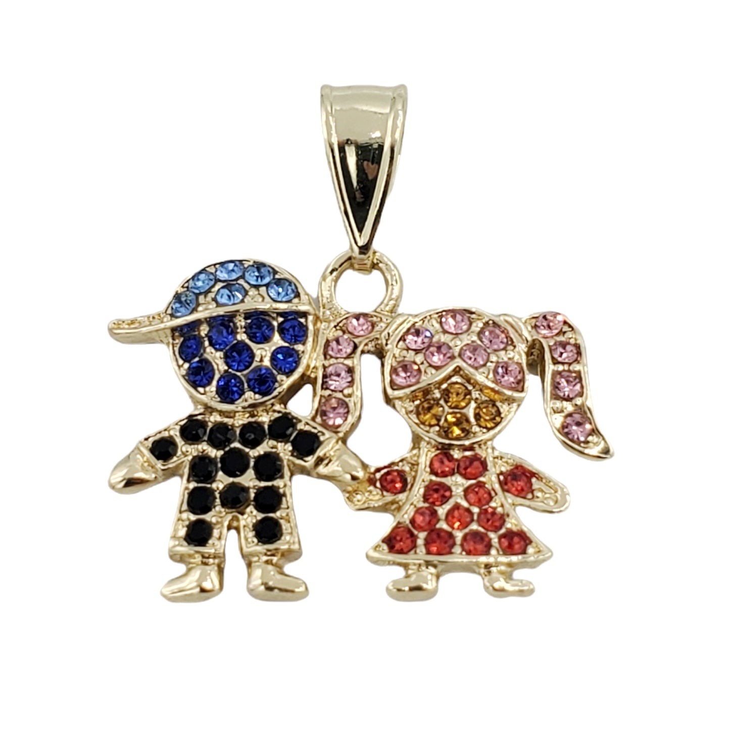 PN-0490 Dije Niño y Niña Zirconia Multicolor 1.25" Incluye Cadena Mixta 18"-20"