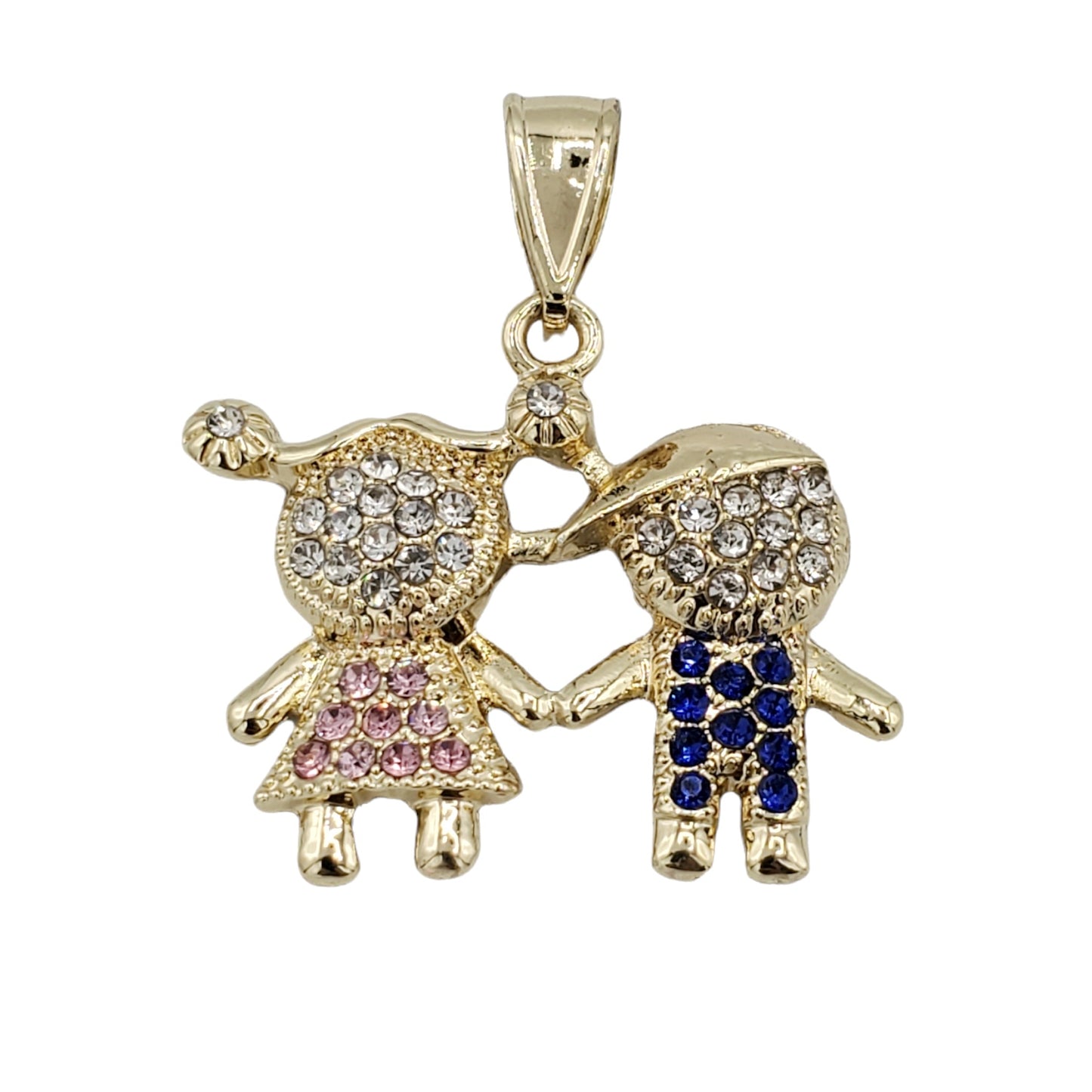 PN-0492 Dije Niño y Niña Zirconia Azul y Rosa 1.25" Incluye Cadena Mixta 18"-20"
