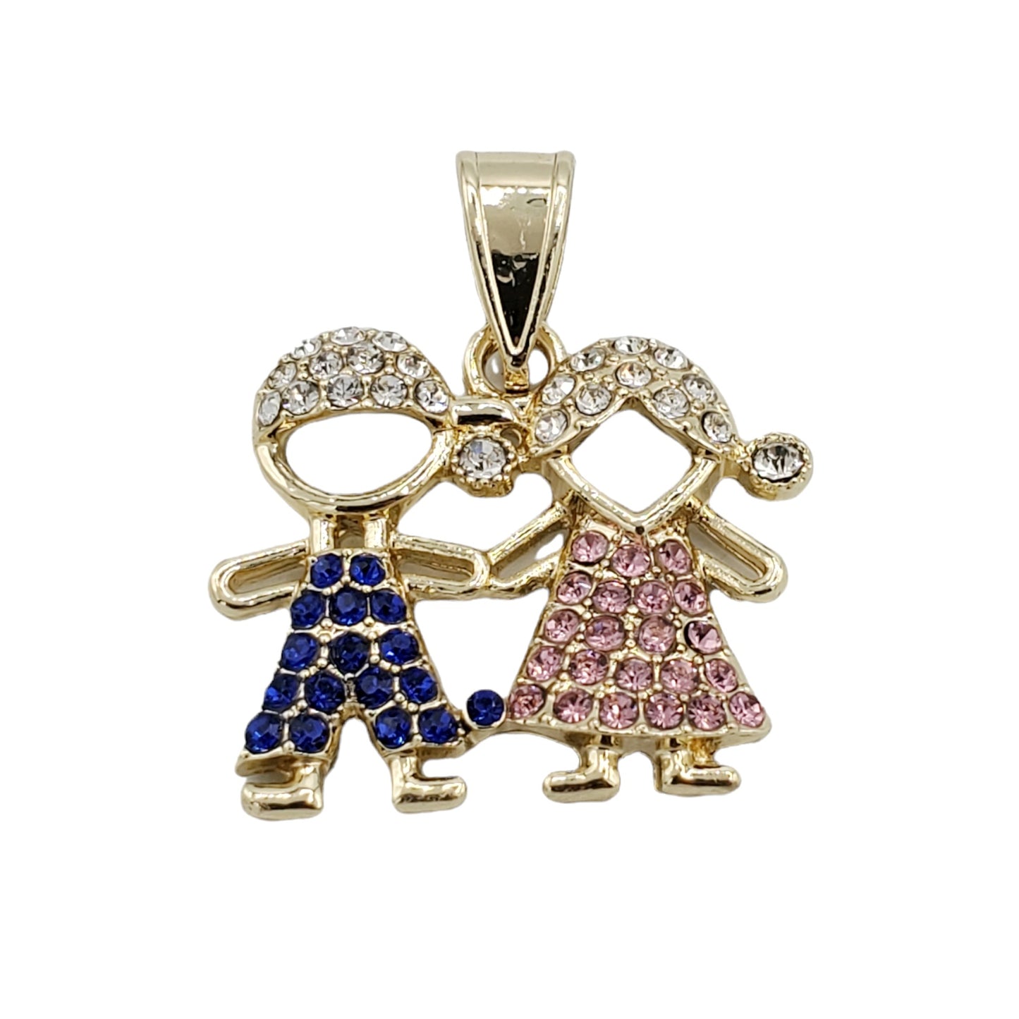 PN-0493 Dije Niño y Niña Zirconia Azul y Rosa 1.25" Incluye Cadena Mixta 18"-20"