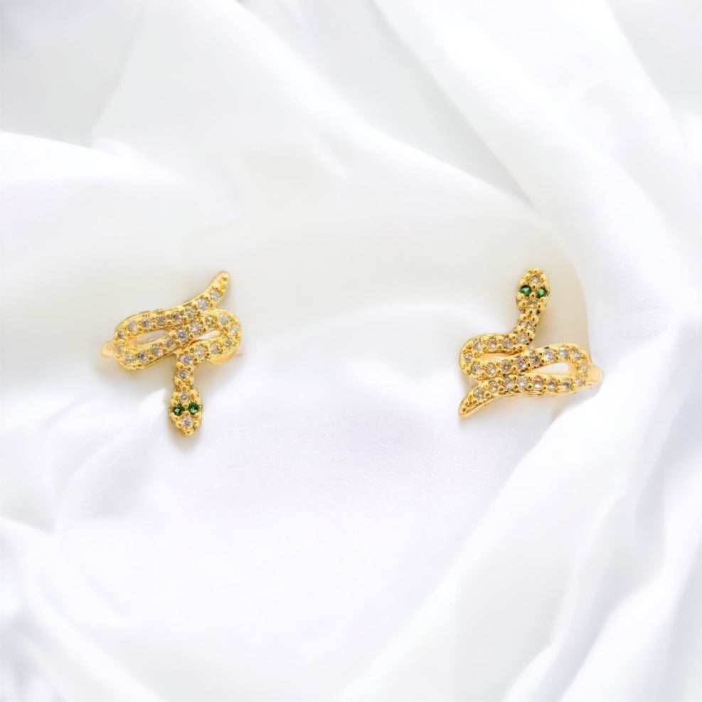 ER-426 Aretes Serpiente con Piedra Blanca y Verde/Aretes Serpiente con Piedra Blanca y Verde 18k