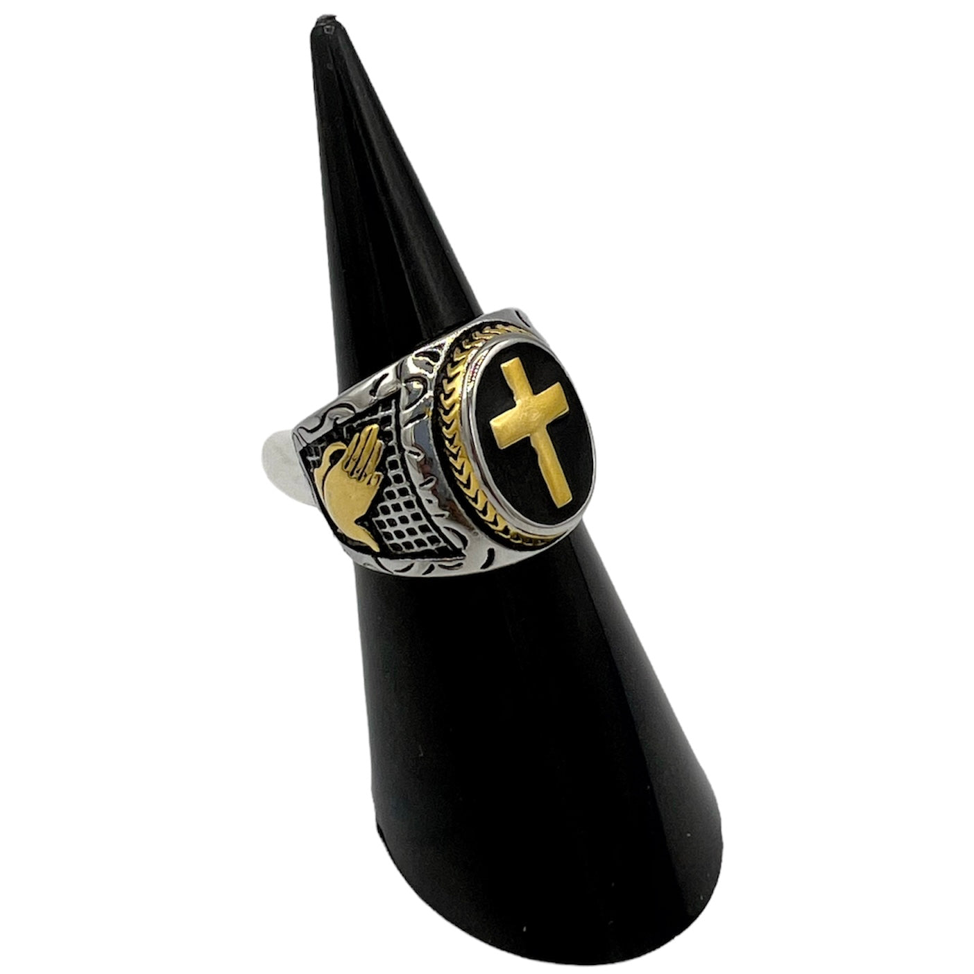 R-40 Acero Inoxidable Anillo Cruz/ Cross Ring, Color:Silver&Gold, Seleccione el Size en la Parte de Abajo donde dice Size