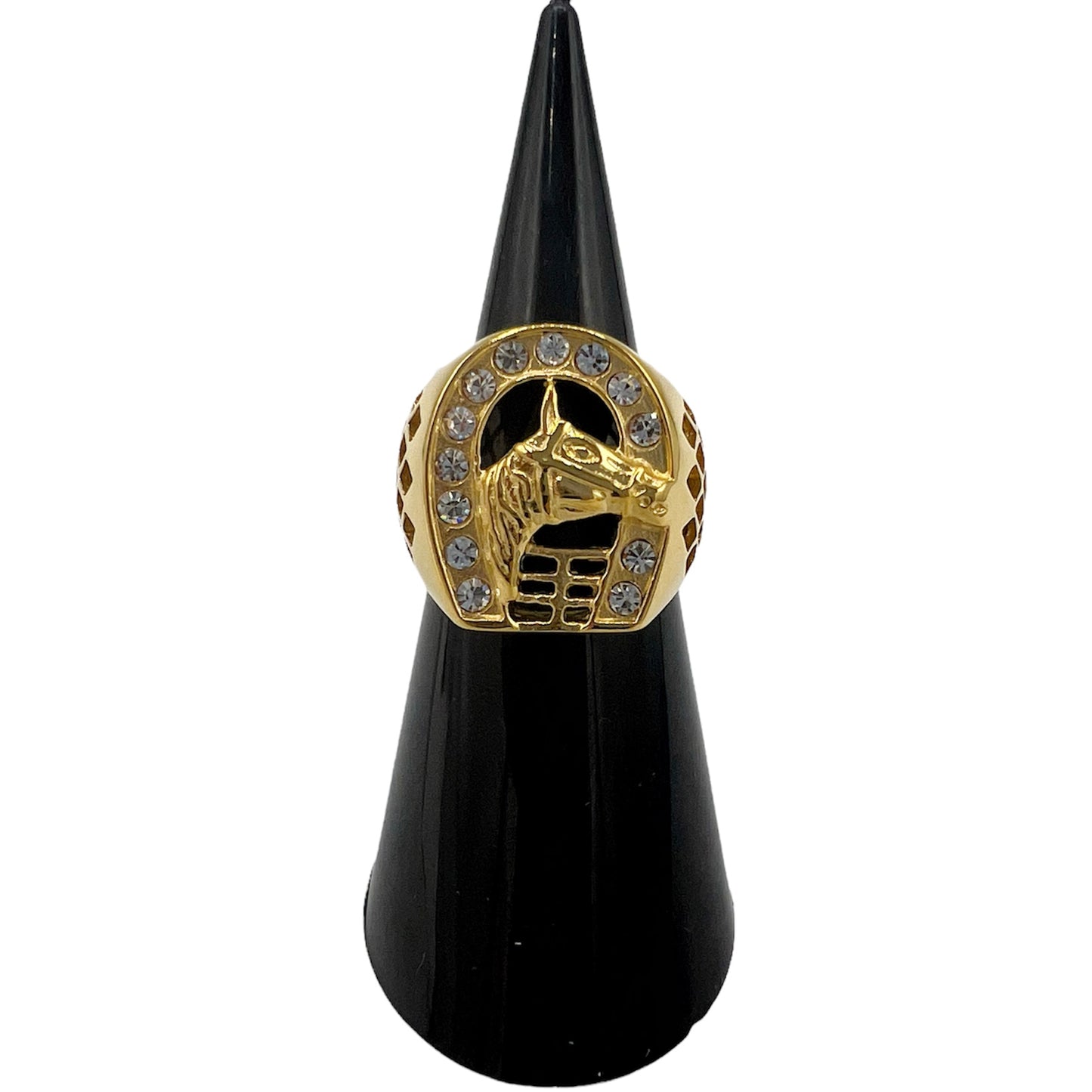 R-52 Stainless Steel Anillo Herradura y Caballo/ Horseshoe & Horse Ring, Color: Gold, Zirconia Blanca, Seleccione el Size en la Parte de Abajo donde dice Size