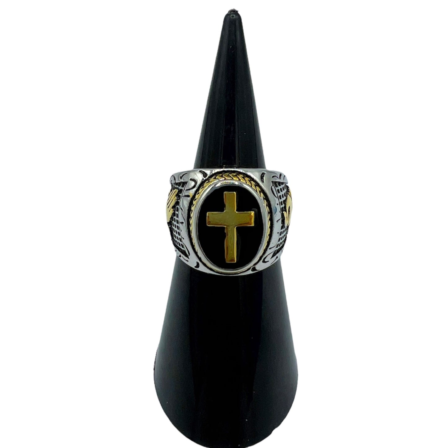 R-40 Acero Inoxidable Anillo Cruz/ Cross Ring, Color:Silver&Gold, Seleccione el Size en la Parte de Abajo donde dice Size