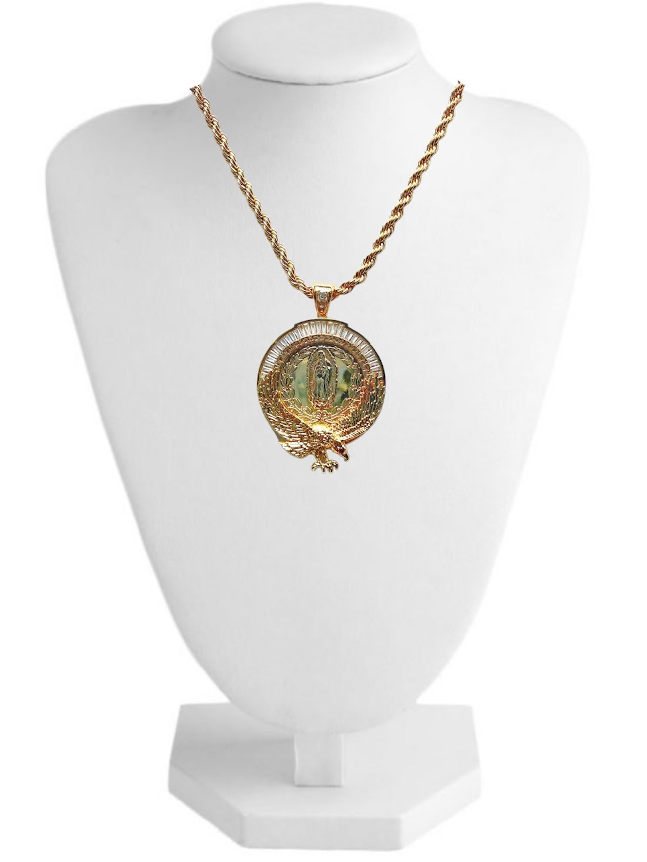 PN-074 Colgante Virgen María con Piedra Blanca 50mn x 50mm Incluye Cadena Torsal 18”-22” mixto
