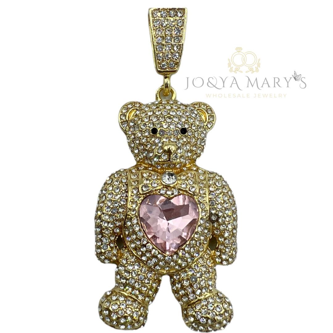 PN-0505 Osito Parado Con Corazón Rosa 2.5” Zirconia Blanca