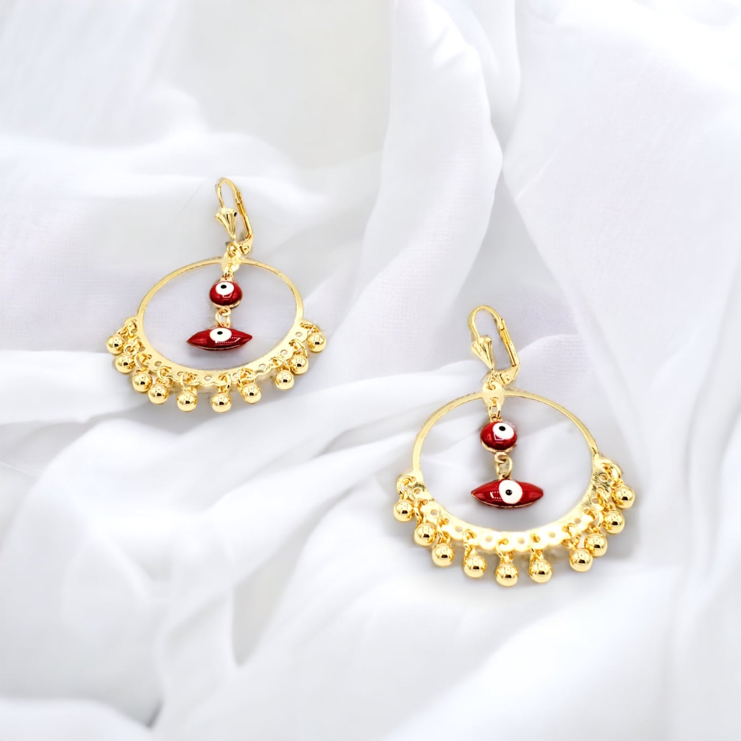 ER-580 Pendientes/Aretes Gancho de Francés/Ojo Turco Rojo