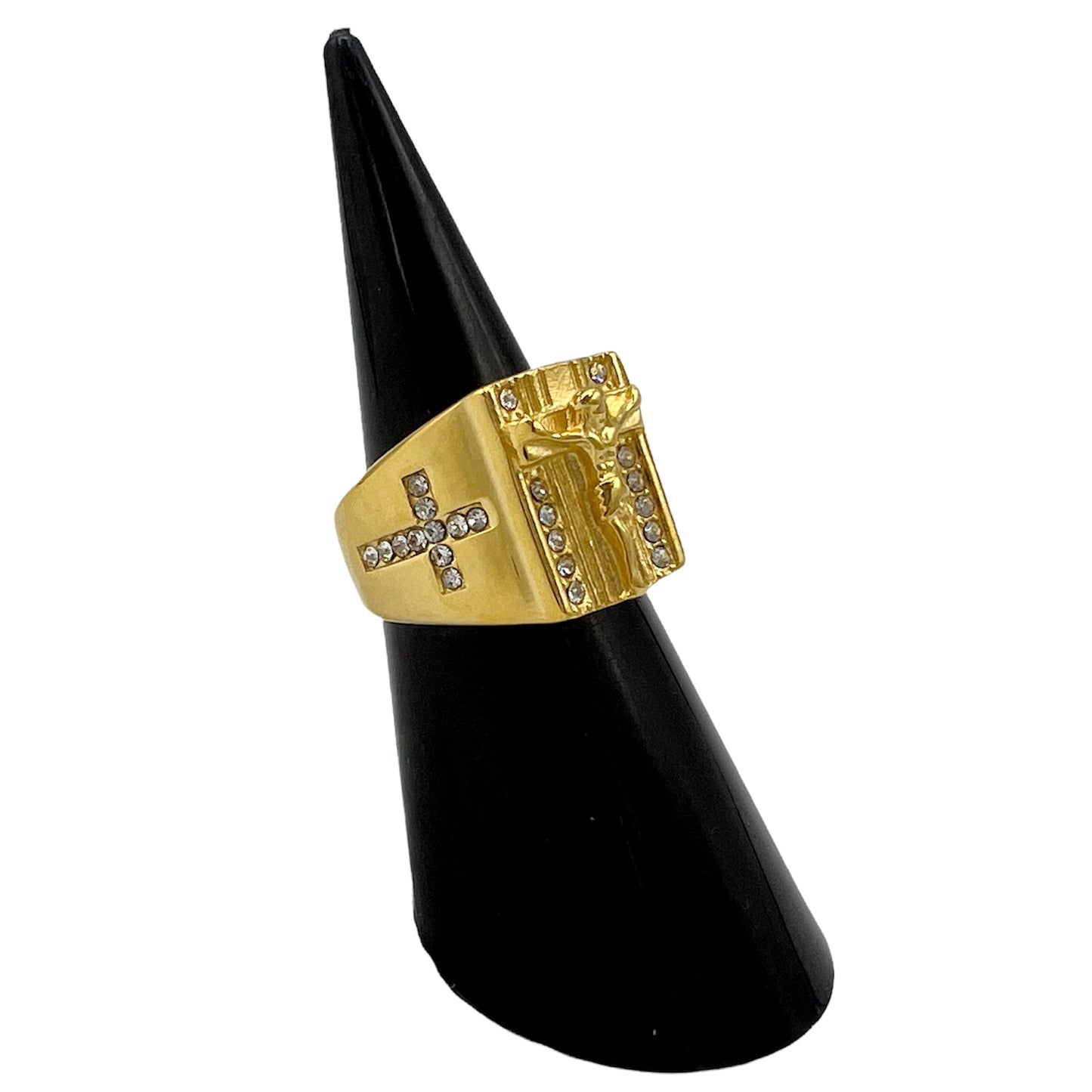 R-43 Acero Inoxidable Anillo Jesucristo/ Jesus Christ Ring, Color: Gold, Zirconia Blanca, Seleccione el Size en la Parte de Abajo donde dice Size