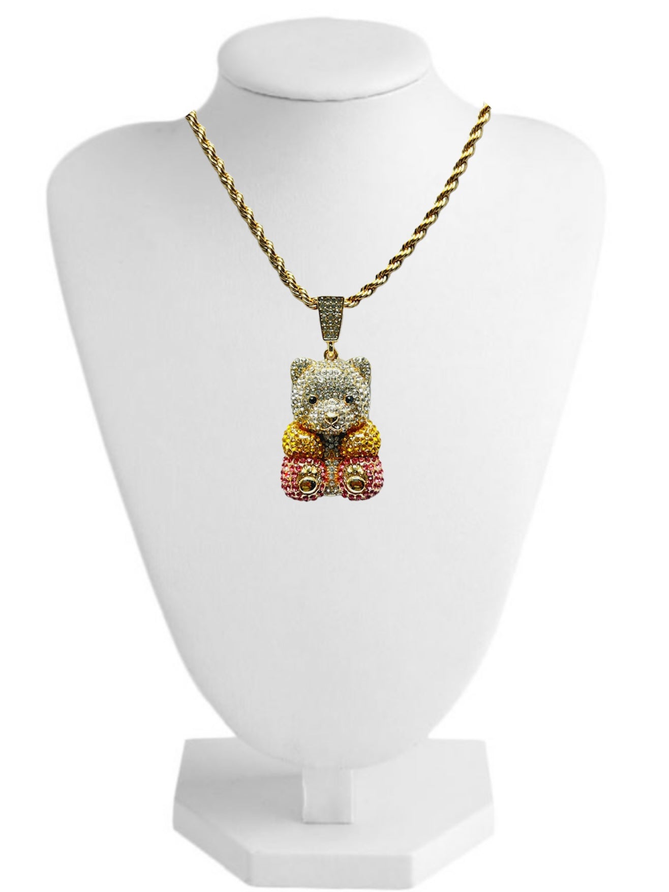 PN-0504 Osito Sentado 2” Zirconia Blanca, Amarillo, y Rosa Incluye Cadena Torsal 18”-22” mixto