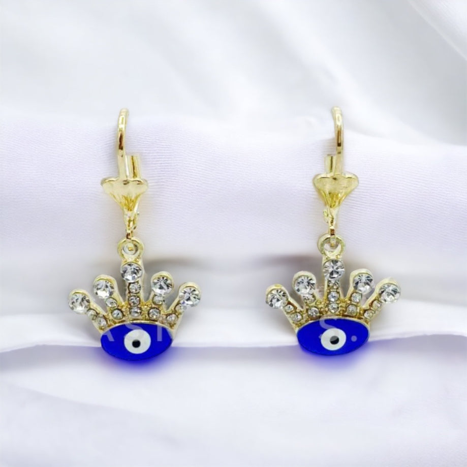ER-447 Pendientes Corona con Ojo Turco Azul y Piedra Blanca/Aretes Corona con Ojo Turco Azul y Piedra Blanca