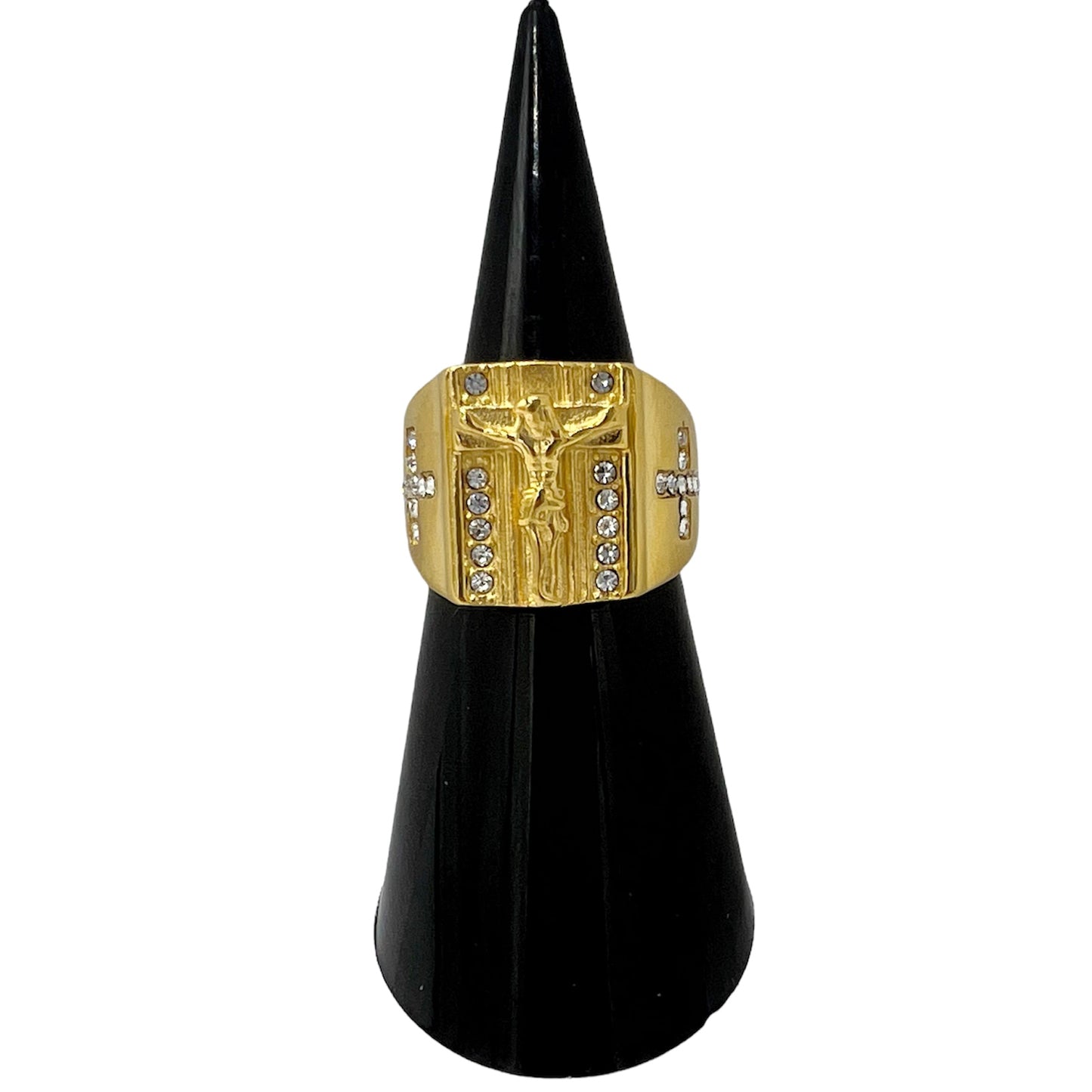 R-43 Acero Inoxidable Anillo Jesucristo/ Jesus Christ Ring, Color: Gold, Zirconia Blanca, Seleccione el Size en la Parte de Abajo donde dice Size