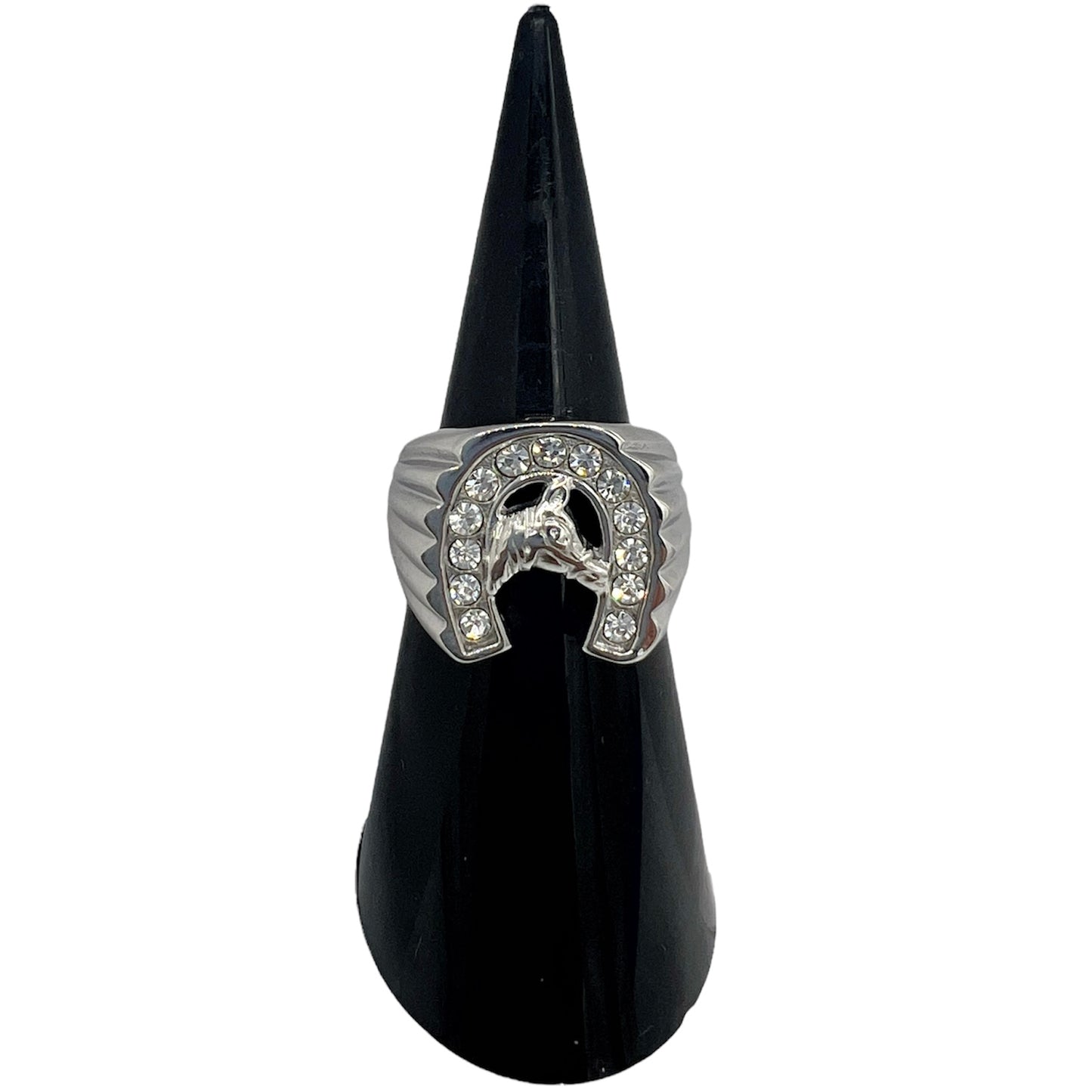 R-53 Stainless Steel Anillo Herradura y Caballo/ Horseshoe & Horse Ring, Color: Silver, Zirconia Blanca, Seleccione el Size en la Parte de Abajo donde dice Size