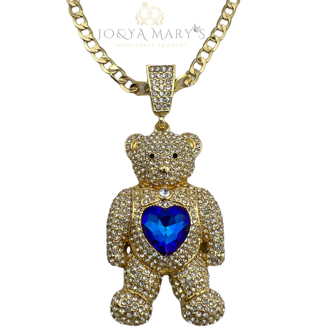 PN-0507 Osito Parado Con Corazón Azul/Morado 2.5” Zirconia Blanca