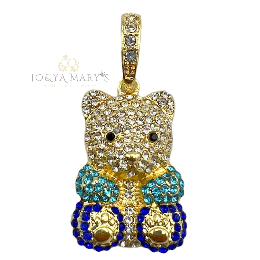 PN-0508 Osito Pequeño Sentado 1.25” Zirconia Blanca, Azul Claro, y Azul Oscuro