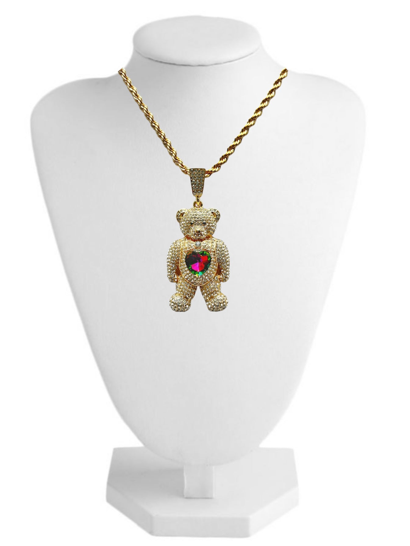 PN-0506 Osito Parado Con Corazón Morado/Verde 2.5” Zirconia Blanca