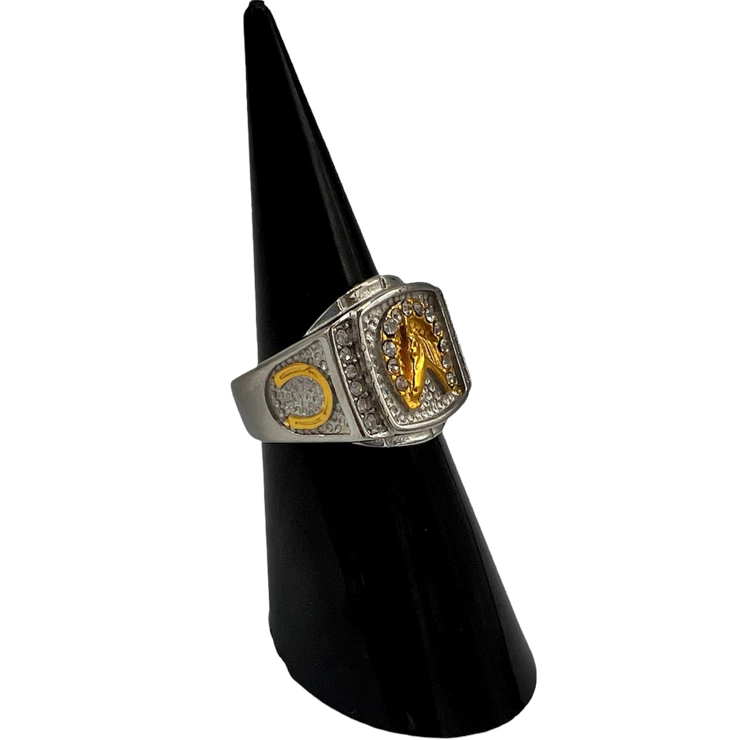 R-37 Stainless Steel Anillo Caballo/ Horse Ring, Color:Silver&Gold, Zirconia Blanca, Seleccione el Size en la Parte de Abajo donde dice Size