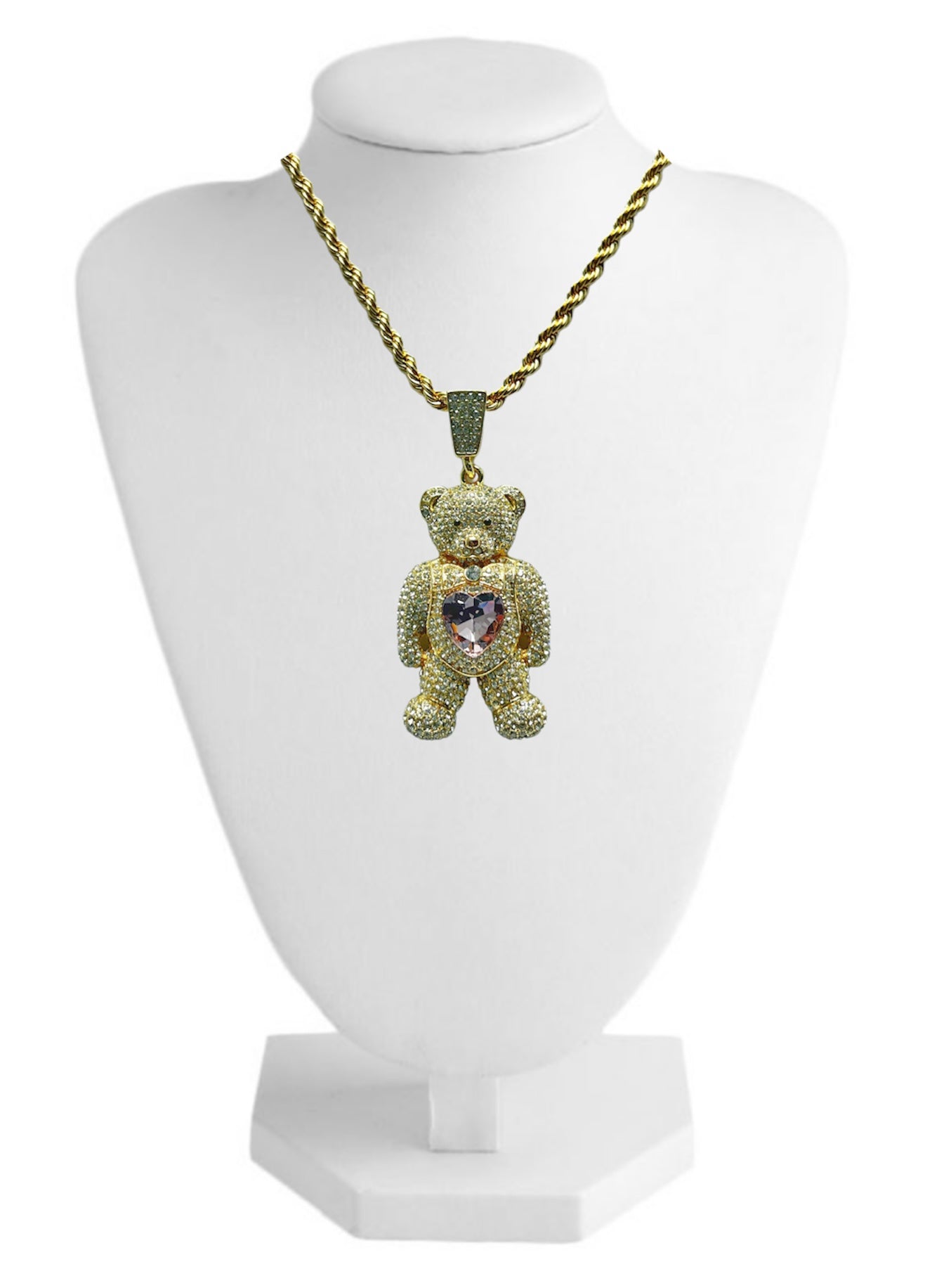 PN-0505 Osito Parado Con Corazón Rosa 2.5” Zirconia Blanca