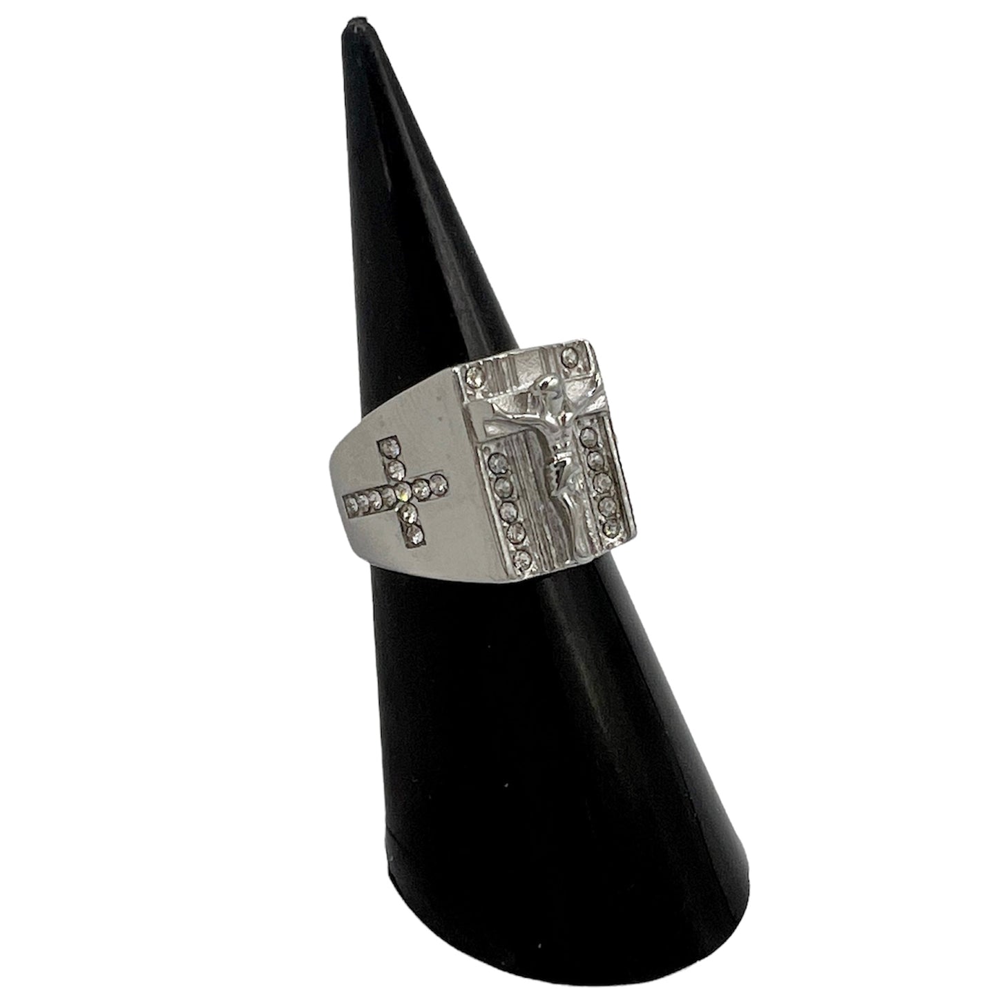 R-44 Acero Inoxidable Anillo Jesucristo/ Jesus Christ Ring, Color: Silver, Zirconia Blanca, Seleccione el Size en la Parte de Abajo donde dice Size