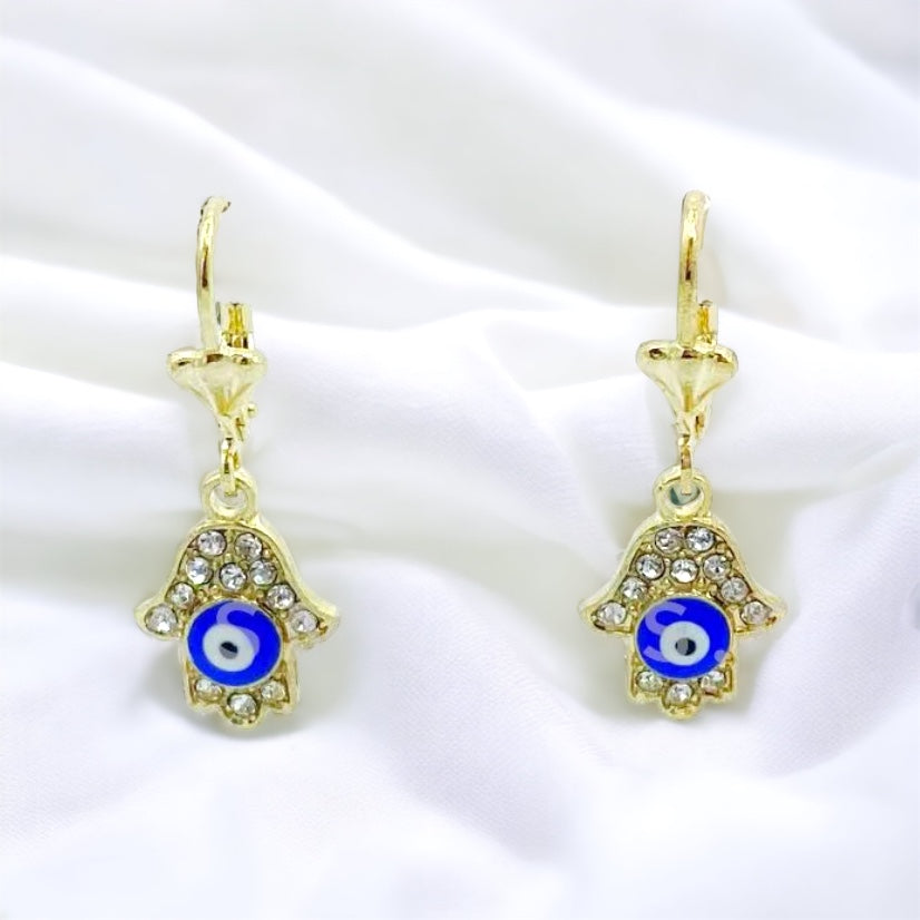 ER-440 Pendientes Evil Eye Blue Hamsa with White Stone/Aretes Ojo Turco Azul y Mano de Fatima con Piedra Blanca