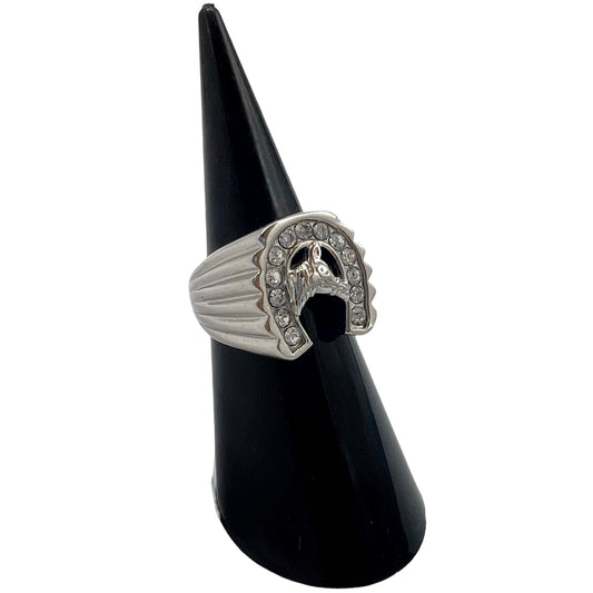 R-53 Stainless Steel Anillo Herradura y Caballo/ Horseshoe & Horse Ring, Color: Silver, Zirconia Blanca, Seleccione el Size en la Parte de Abajo donde dice Size