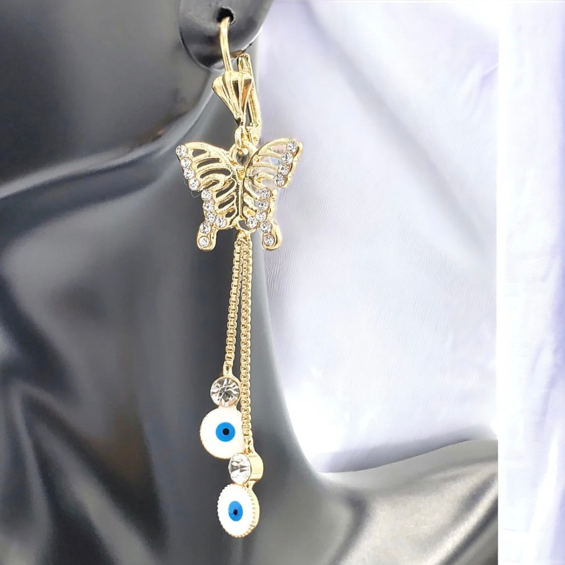 ER-657 Aretes/Aretes Mariposa Zirconia Blanca con Ojo Turco 2.50"