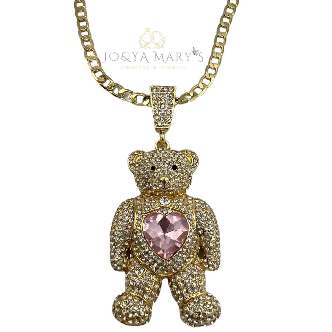 PN-0505 Osito Parado Con Corazón Rosa 2.5” Zirconia Blanca