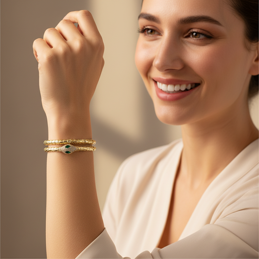 BR-215 Bracelet/Pulsera Ajustable Zirconia Blanca y Verde Serpiente 18k