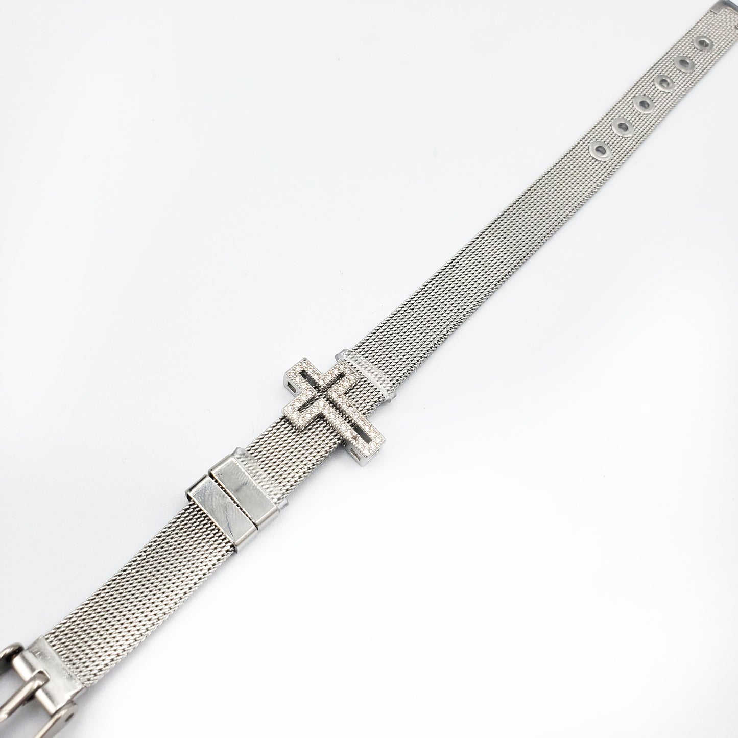 BRS-24 Bracelet/Pulsera Stainless Steel Cross with White Stones