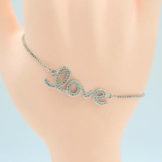 BA-37 Bracelet Love with White Stone/Pulsera Love con Piedra Blanca Ajustable Platinum Plated