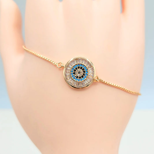 BA-85 Pulsera Ajustable Mal de Ojo con Piedras Blancas/Pulcera Ajustable Ojo Turco con Piedra Blanca Oro Rosa