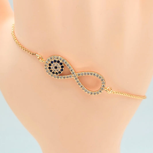 BA-92 Bracelet Infinity Sign and Evil Eye con Piedra Blanca/Pulcera Símbolo de infinito y Ojo Turco con Piedra Blanca y Rose Gold