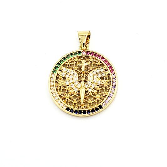 PN-990 Colgante Ángel con Piedra Multicolor con Cruz 2cm Incluye Cadena Mixta 18"-20"