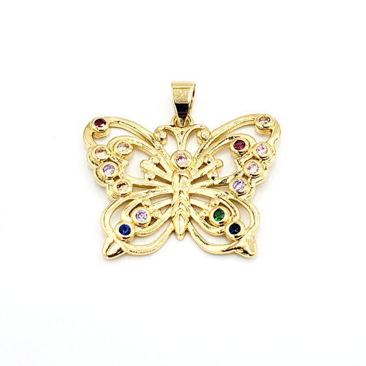 PN-980 Dije Mariposa con Piedra Multicolor 3cm Incluye Cadena Mixta 18"-20"