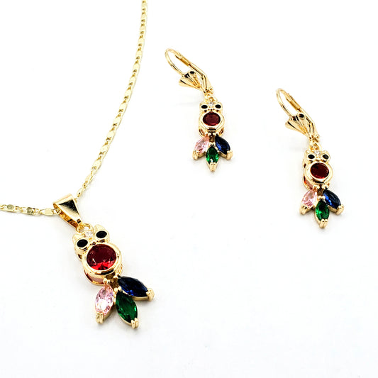S-533 Conjunto Búho con Piedra Multicolor Arete Gancho Francés 14k
