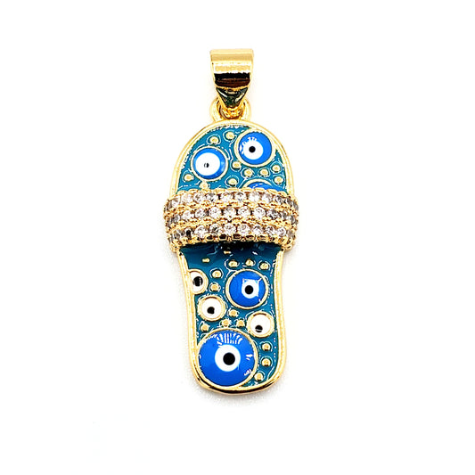 PN-0117 Pendant Sandal Azul con Piedra Blanca y Ojo Turco Azul 1"