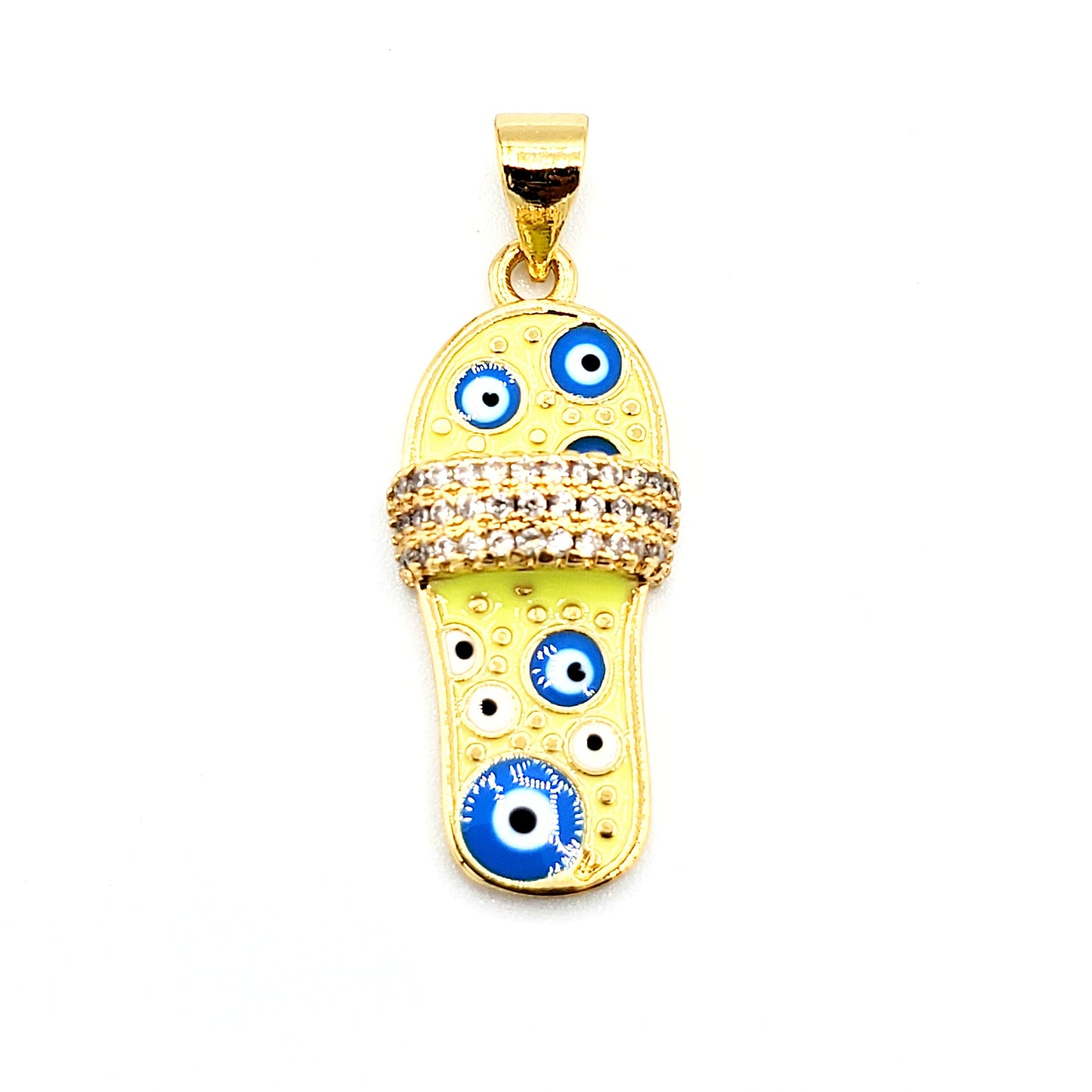 PN-0119 Pendant Sandal Amarillo con Piedra Blanca  y Ojo Turco Azul 1"