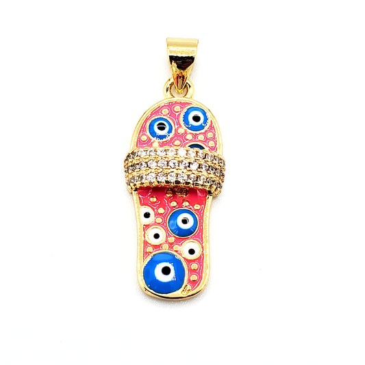 PN-0118 Pendant Sandal Rosa con Piedra Blanca y Ojo Truco Azul 1" "