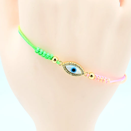 BA-190 Brazalete/Pulsera Ajustable Hilo Multicolor Ojo Turco Azul con Piedra Blanca 4"