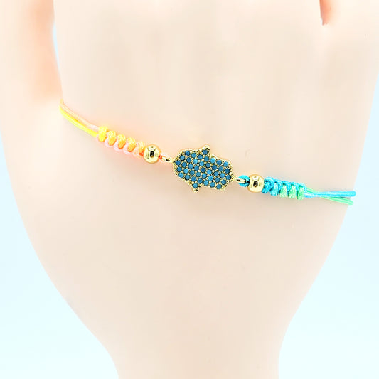 BA-195 Brazalete/Pulsera Ajustable Hilo Multicolor Mano de Fátima Piedra Azul 4"