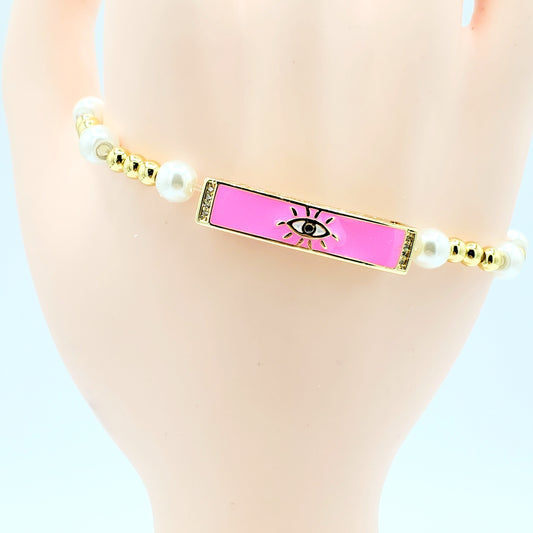 BA-199 Brazalete/Pulsera Ajustable Ojo Turco Rosa con Perla Blanca 3"