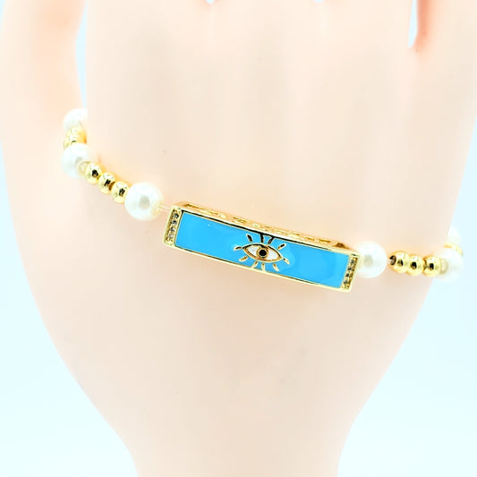 BA-200 Brazalete/Pulsera Ajustable Ojo Turco Azul con Perla Blanca 3"