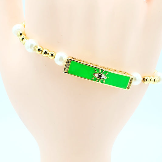 BA-203 Bracelet/Pulsera Ajustable Ojo Turco Verde con Perla Blanca 3"