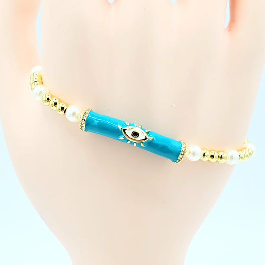 BA-206 Brazalete/Pulsera Ajustable Ojo Turco Azul con Perla Blanca 3"