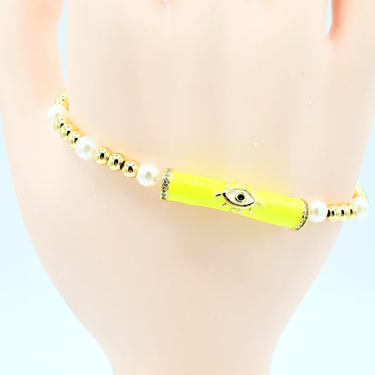 BA-207 Brazalete/Pulsera Ajustable Ojo Turco Amarillo con Perla Blanca 3"