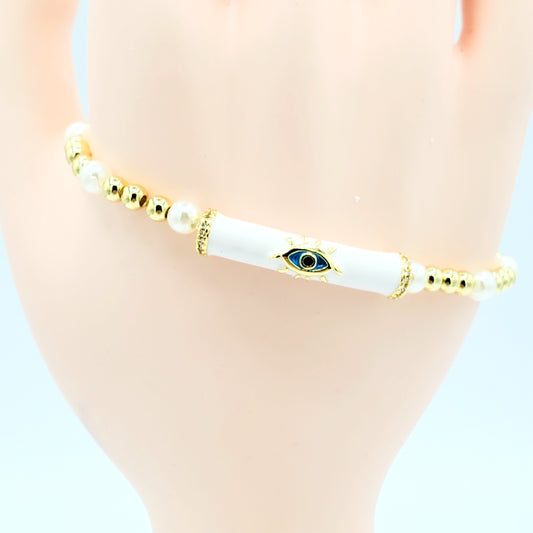 BA-208 Bracelet/Pulsera Ajustable Blanco con Perla Blanca 3"