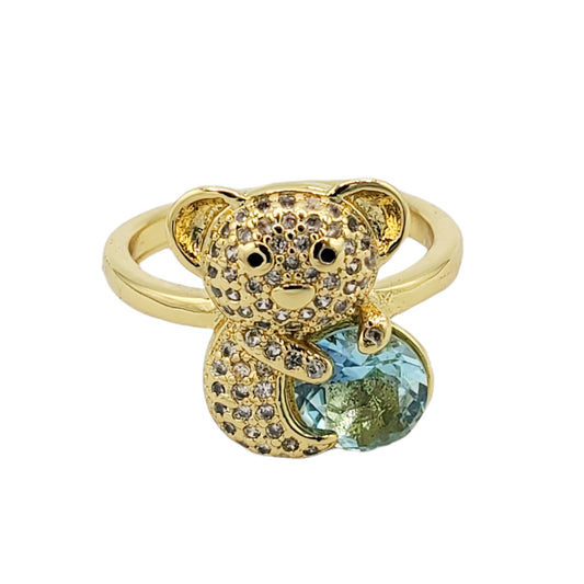 WR-321 Women's Ring/Anillo de Mujer Ajustable Oso Zirconia Verde y Blanca 0.50"