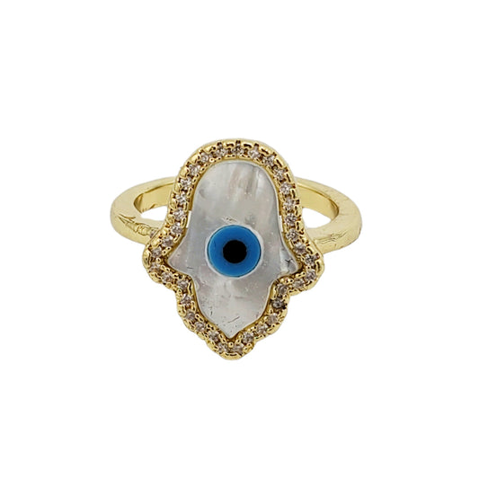 WR-325 Women's Ring/Anillo de Mujer Ajustable Ojo Turco Mano de Fatima Zirconia Blanca 0.50"