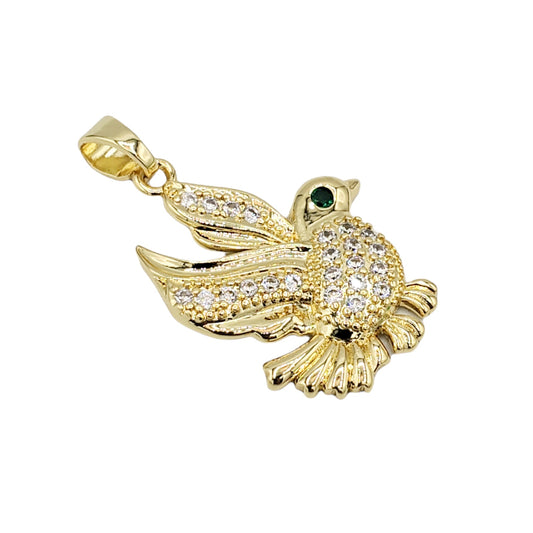 PN-0414 Pendant Pajaro Zirconia Blanca y Verde 1"