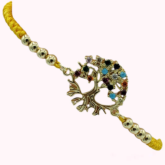 BA-236 Bracelet/Pulsera Arbol de la Vida Zirconia Multicolor Hilo Amarillo