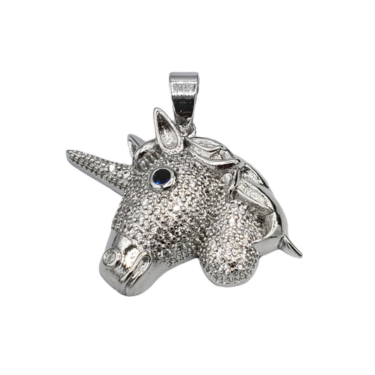 PN-0450 Pendant Plated Silver Unicorn Zirconia Blanca 1.25"